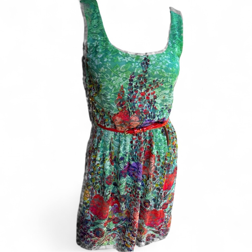 Lily Rose dress sundress stretch lace border print. FREE Banana Republic belt XS